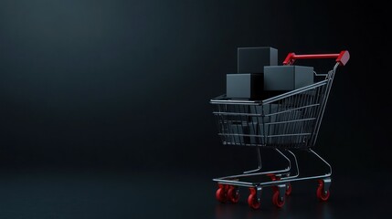 E-commerce Shopping Cart with Black Boxes on Dark Background