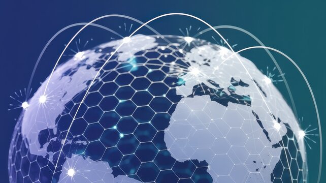 A digital representation of Earth, showcasing interconnected global networks with glowing hexagonal patterns against a gradient background.