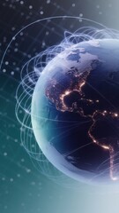 A detailed view of Earth from space, showcasing glowing city lights and a network of digital connections representing global communication.