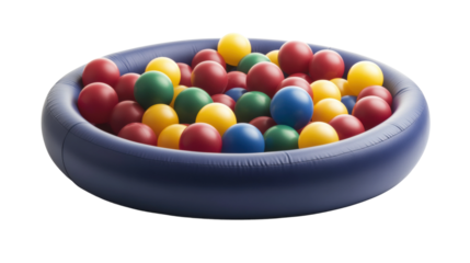 Colorful ball pit filled with red, yellow, green, and blue balls for children's entertainment isolated on transparent background