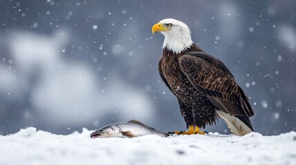 Obraz premium Majestic Bald Eagle with Fresh Catch in Winter Wonderland