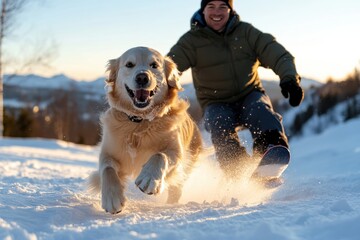 A cheerful golden retriever races down a snowy hill alongside its snowboarding partner, encapsulating the joy of winter play in a picturesque landscape during sunset.