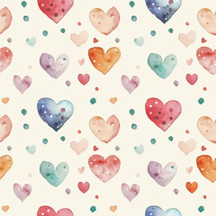 Seamless Miniature watercolor hearts with polka dots in soft colors create charming pattern