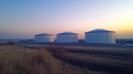 Obraz premium Large oil storage tanks at an industrial facility during sunset in a rural area. Generative AI