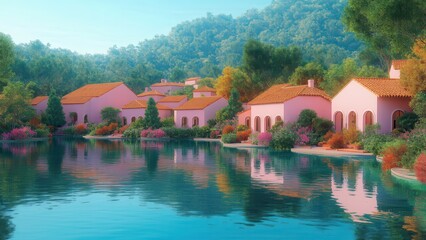Obraz premium beautiful scenery with colorful houses by the lake and within the forest