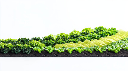 A creative graphic cut-out of a small section of a farming field, rows of crops flowing diagonally across the composition, individual plants bursting with vivid greenery