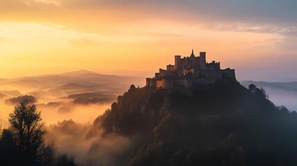 Fototapeta premium A grand castle perched on a hilltop, overlooking a misty valley at sunrise. Fantasy Castle Sunrise. Illustration