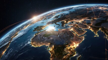 3D Render of Earth from Space Surrounded by Glowing Telecommunication Satellite Grid and Network Lines