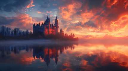 Fototapeta premium Fantasy castle on a lake with reflection and dramatic sky. Fantasy Castle Sunrise. Illustration