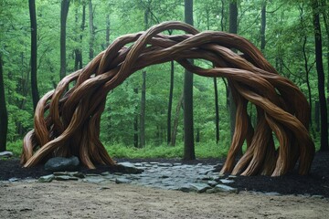 Intricate Wooden Arch Sculpture in a Lush Forest Setting