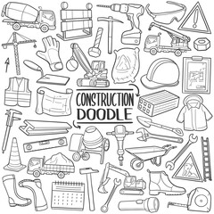 Construction Work Line Art Doodle Icons Sketch Hand Made Design Vector Stamps.