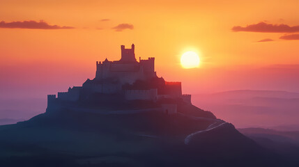 Fantasy painting of ancient castle on a hill. Fantasy Castle Sunrise. Illustration