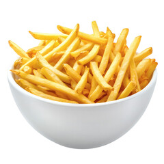 golden French fries in a white bowl isolated on white transparent background