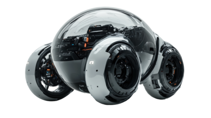 Innovative futuristic vehicle with transparent design showcased in technology exhibition isolated on transparent background