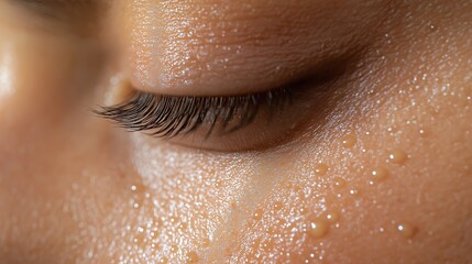 Fototapeta premium Close-up of a closed eye with skin glistening from sweat droplets. Skincare and natural beauty concept
