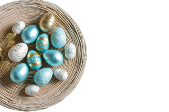 Festive Easter basket, template for website. Realistic design elements.