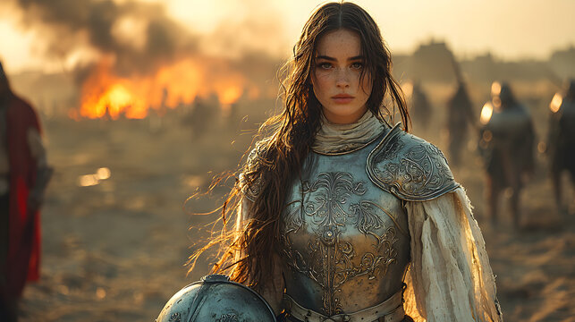 Woman warrior in medieval armor on battlefield.