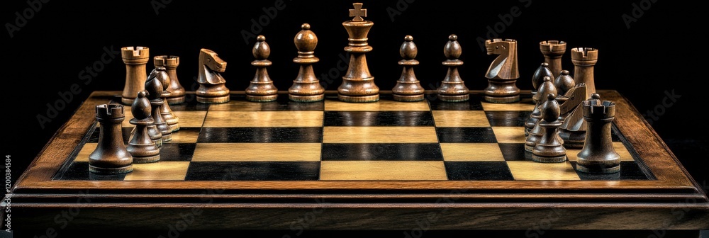Poster chessboard displaying intricately designed wooden pieces ready for a strategic match in a classic se