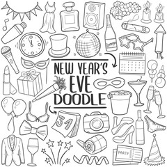 Obraz premium New Year Eve Doodle Icons Line Art. Holiday Clipart Hand Drawn Symbol Design. 
