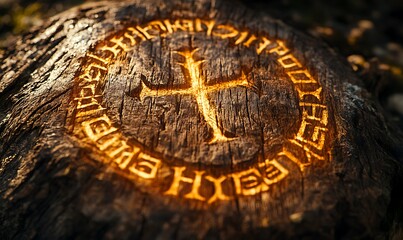 Ancient runes carved into a weathered tree stump, glowing faintly in the sunlight.