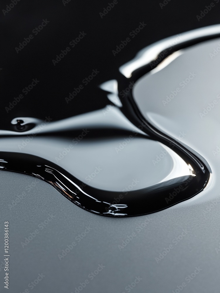 Aufkleber shiny black oil puddle reflecting light on a smooth dark surface during daytime. generative ai