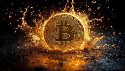 Golden Bitcoin Surrounded by Liquid Gold Splashes in Dramatic Light on Black Background