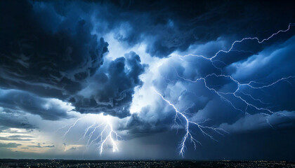 A dramatic dark blue sky with dense clouds and lightning streaks, capturing the intensity of bad weather. Perfect for storm-themed visuals or atmospheric overlays in design projects
