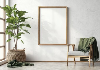 Minimalistic Living Room with Green Plant Grey Chair and Natural Light