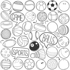 Sport Balls Doodle Line Art Illustration. Hand Drawn Vector Clip Art Stamps.