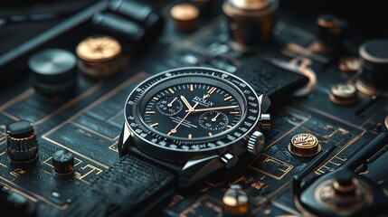 Luxury wristwatch on a detailed industrial circuit board