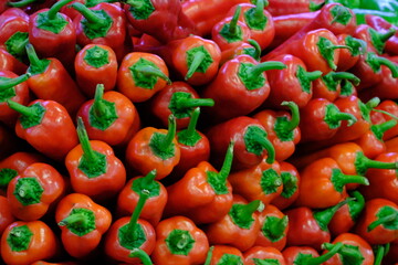 Close-up view of red capia peppers and green village peppers sold in the grocery store. Summer vegetables. Organic farming. Vegetable and fruit prices. Vegetarian diet.