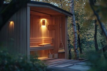 Traditional wooden sauna nestled among trees in a serene forest setting during twilight hours. Generative AI