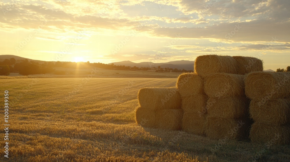 Poster golden sunset over a tranquil wheat field with hay bales stacked in a serene landscape. generative a