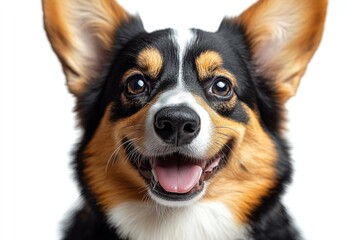 Fototapeta premium Happy corgi dog portrait, studio shot, white background, pet love