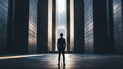 Fototapeta premium Elegant figure in modern suit stands before striking architectural design