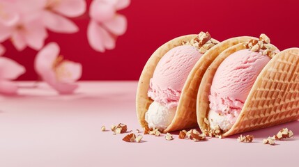 Artistic waffle tacos loaded with pastel ice cream swirls, garnished with crushed hazelnuts and white chocolate flakes, soft pink hues melting into red backdrop