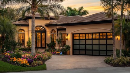 A charming Florida house with sand-toned stucco, black glass windows, and a taupe oversized garage door
