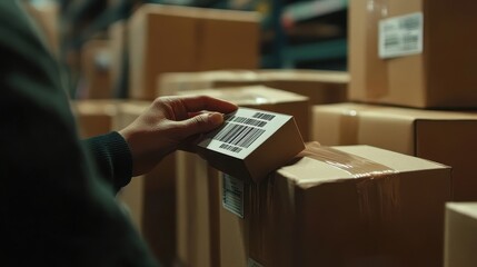 A close-up of a hand scanning a barcode on a package in a warehouse, symbolizing inventory tracking in shippin.