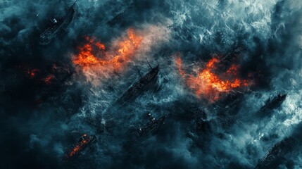 Fototapeta premium A naval confrontation took place on the sea, marked by fierce explosions and clouds of smoke.