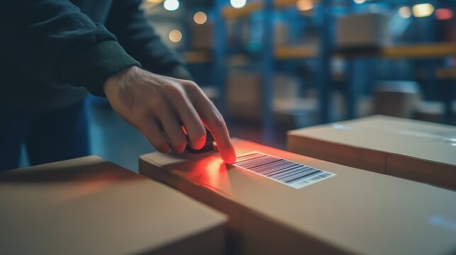 A close-up of a hand scanning a barcode on a package in a warehouse, symbolizing inventory tracking in shippin.