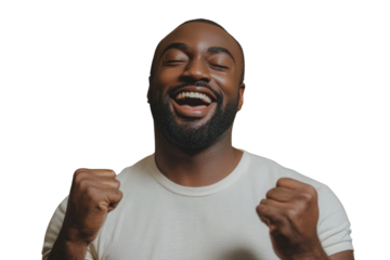 Portrait of delighted positive person closed eyes raise fists shout yeah isolated PNG

