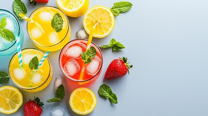 Naklejka premium Lemonade and strawberry refreshers with ice cubes, garnished with fresh herbs, placed on a grey gradient background, radiating summer energy
