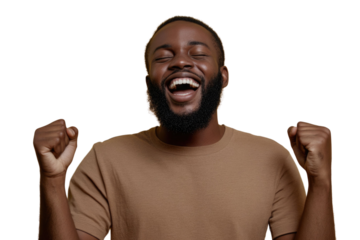 Portrait of delighted positive person closed eyes raise fists shout yeah isolated PNG

