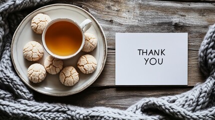 Beside a cup of tea and a plate of homemade cookies, a heartfelt thank you note sets the scene, inviting warmth and comfort.