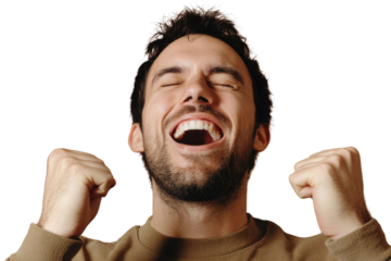 Portrait of delighted positive person closed eyes raise fists shout yeah isolated PNG

