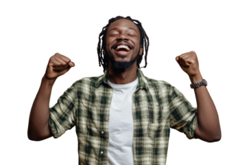 Portrait of delighted positive person closed eyes raise fists shout yeah isolated PNG

