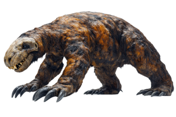 Giant prehistoric creature exploring a prehistoric landscape in an artistic representation isolated on transparent background