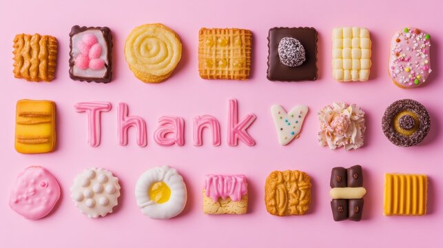 A captivating thank you message adorned with an array of colorful and yummy treats and pastries on a pink background