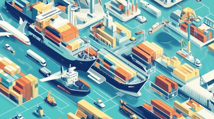 A colorful infographic-style depiction of global trade with ships, planes, and trucks, freight ecosystem concept .