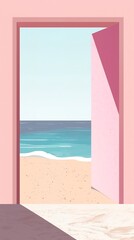 An open door in pink, grey, and blue leads to the beach